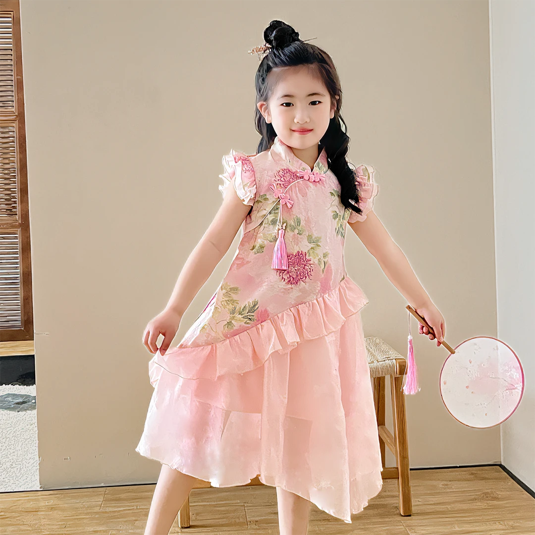 女童旗袍潮款新款连衣裙儿童无袖裙子粉色夏季度假流苏中国风夏款