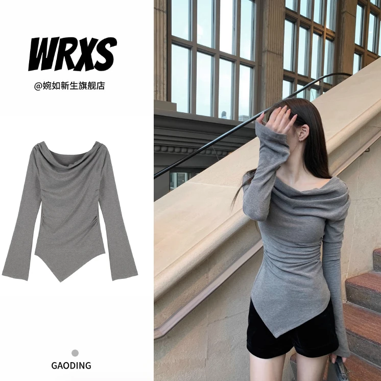 【婉如新生】斜领露肩长袖t恤女秋不规则修身灰色辣妹内搭打底上衣