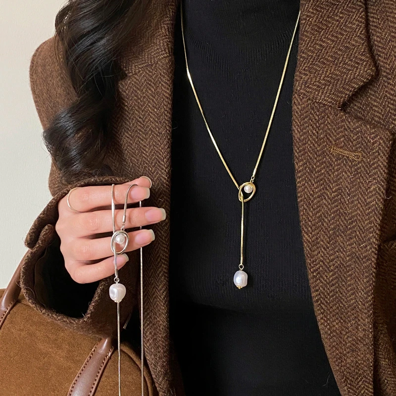 铜合金仿珍珠吊坠 珍珠流苏项链女轻奢气质秋冬长款毛衣链配饰