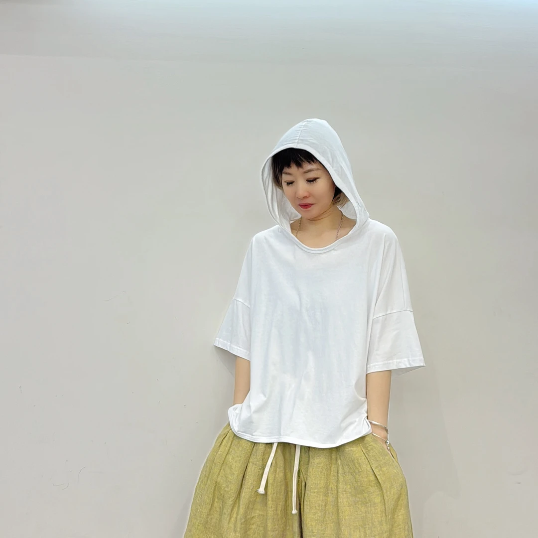 喜悦出品｜木香短袖｜戴帽短袖棉质T恤衫阔版