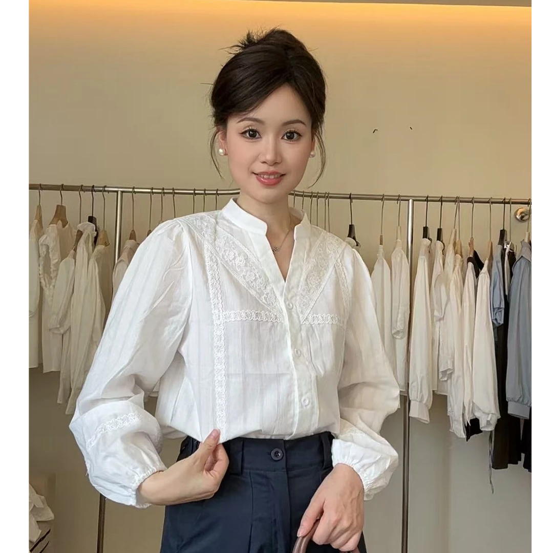 衬衫女法式蕾丝V领衬衣2025秋季新款洋气长袖上衣内搭小衫