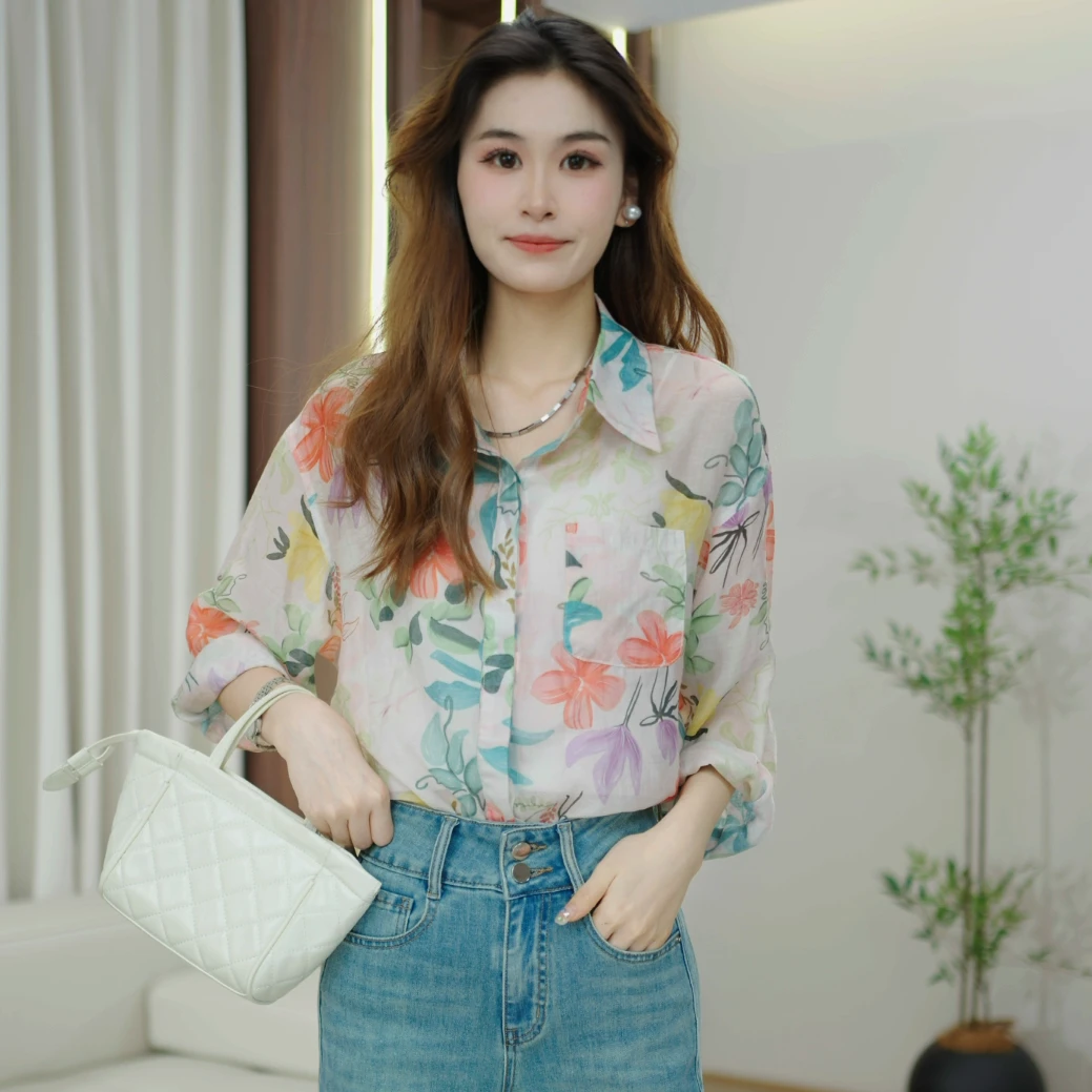 度假风衬衫女春秋设计感小众印花天丝衬衣设计感衬衫长袖女2609