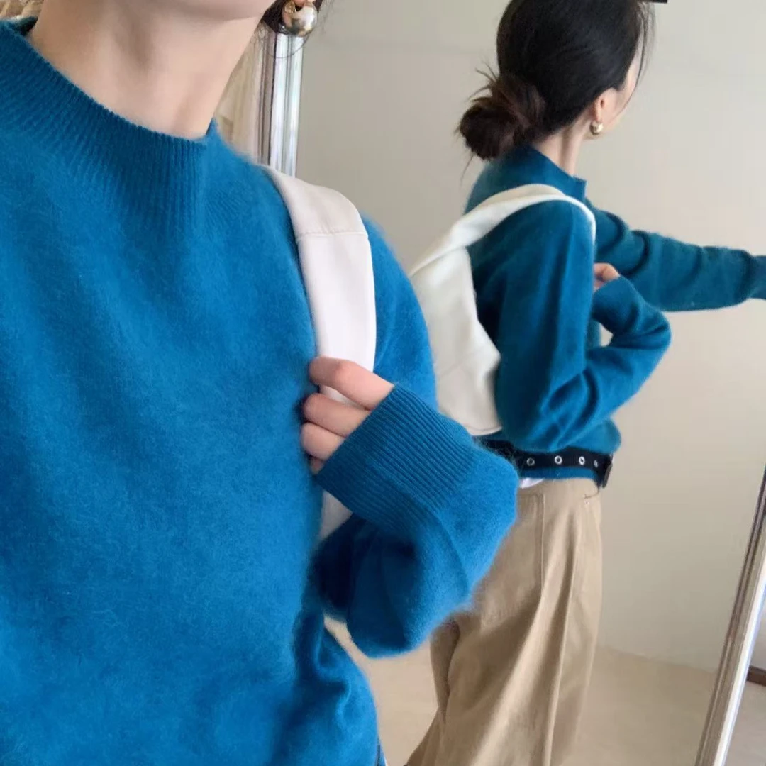 T2680 普鲁士蓝 半高领百搭针织毛衣女