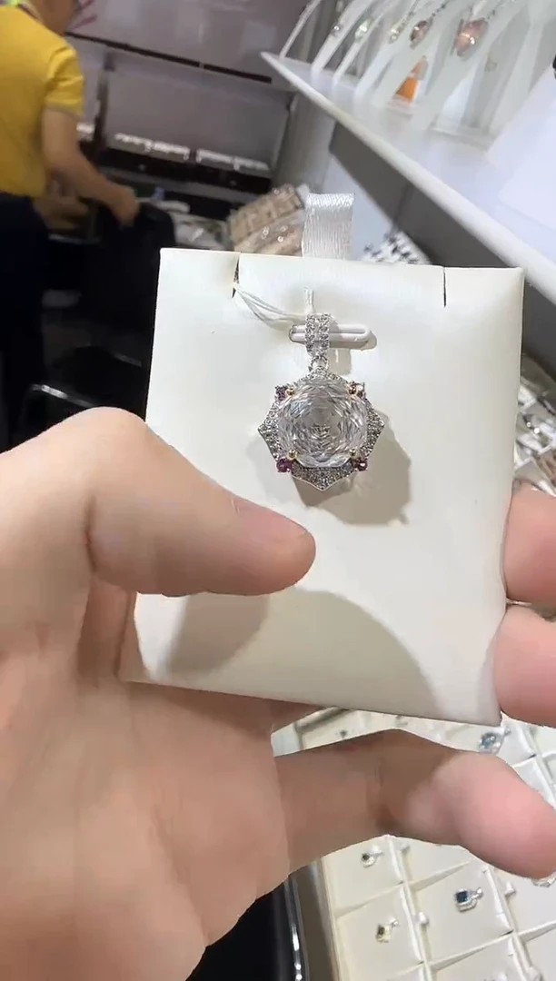 颈饰银S925镶嵌水晶12mm玫瑰净体白水晶