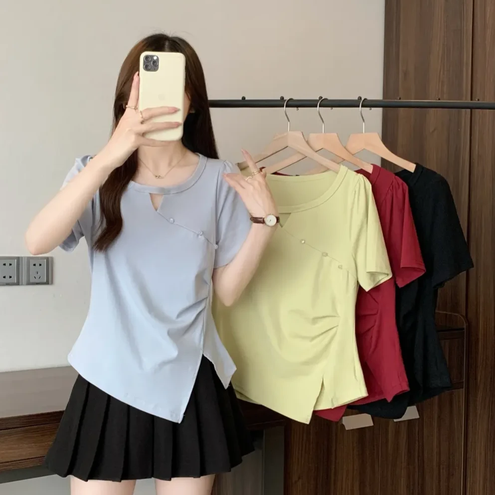 93%棉2025夏季新款胖mm大码不规则镂空短袖T恤设计感褶皱收腰上衣
