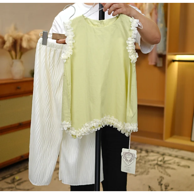 1738夏季女童无袖不规则高级感娃娃衫上衣搭配阔腿裤套装YH240309