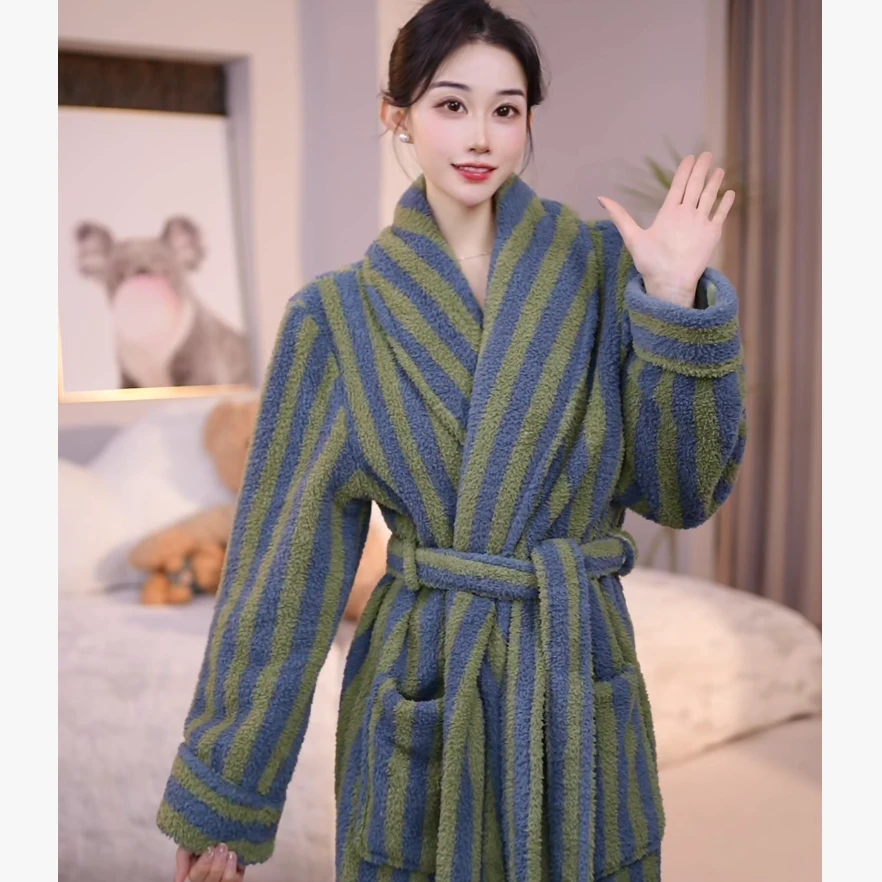查理夫人【暖玉】加绒冬季保暖半边绒睡袍睡衣大码女士加厚秋冬款