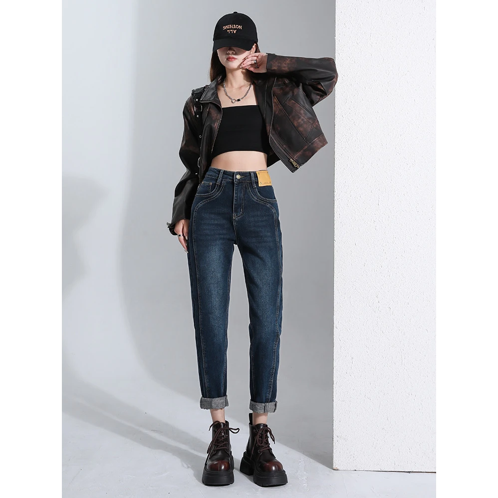 9193 哈伦牛仔裤港风女水洗做旧设计感2025新款高腰老爹裤春秋