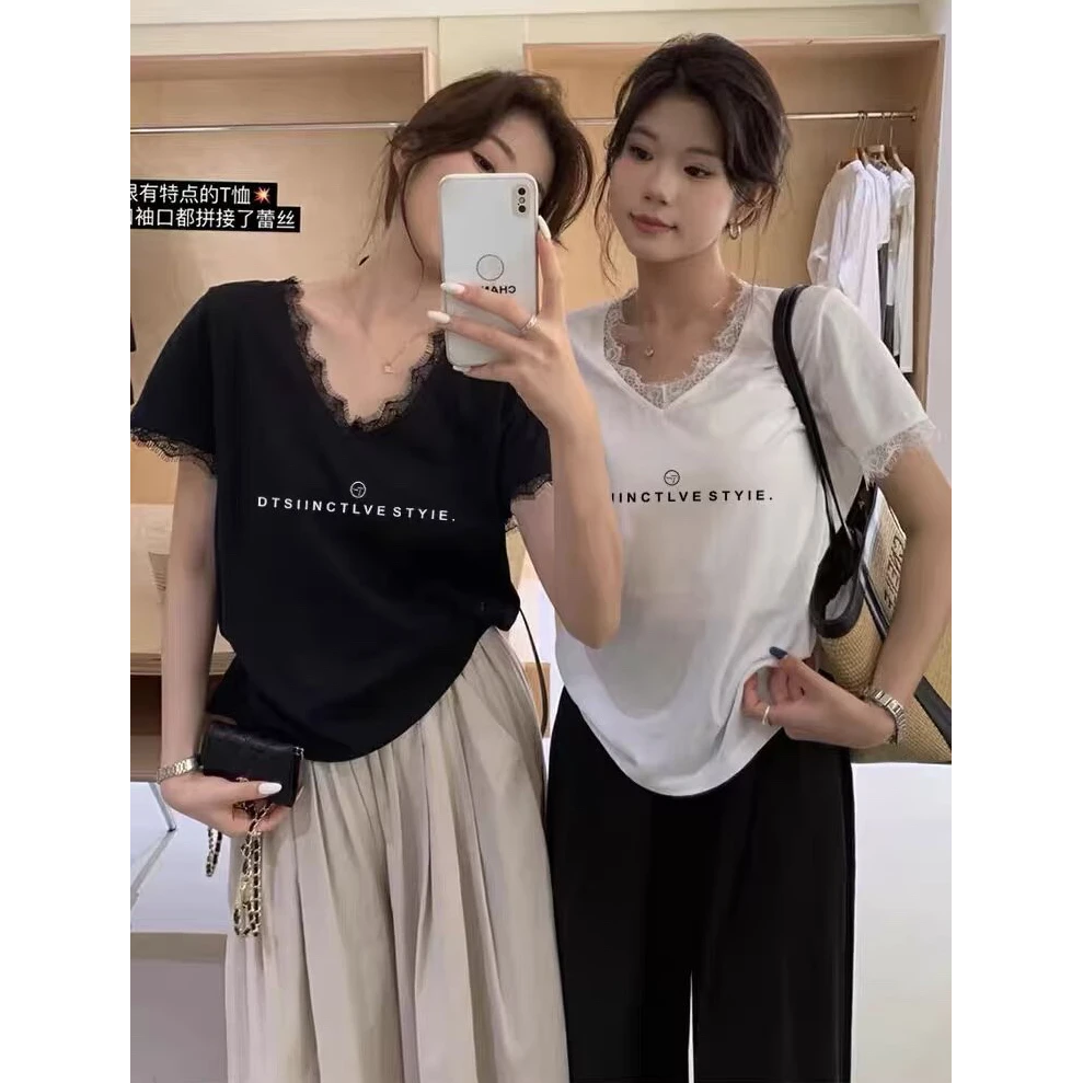 小众设计v领蕾丝拼接短袖t恤女黑色时尚百搭上衣2025新款春夏秋季