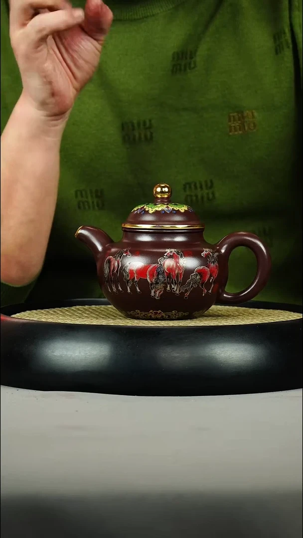 茶壶紫砂石红 掇球 珐琅彩 八骏图