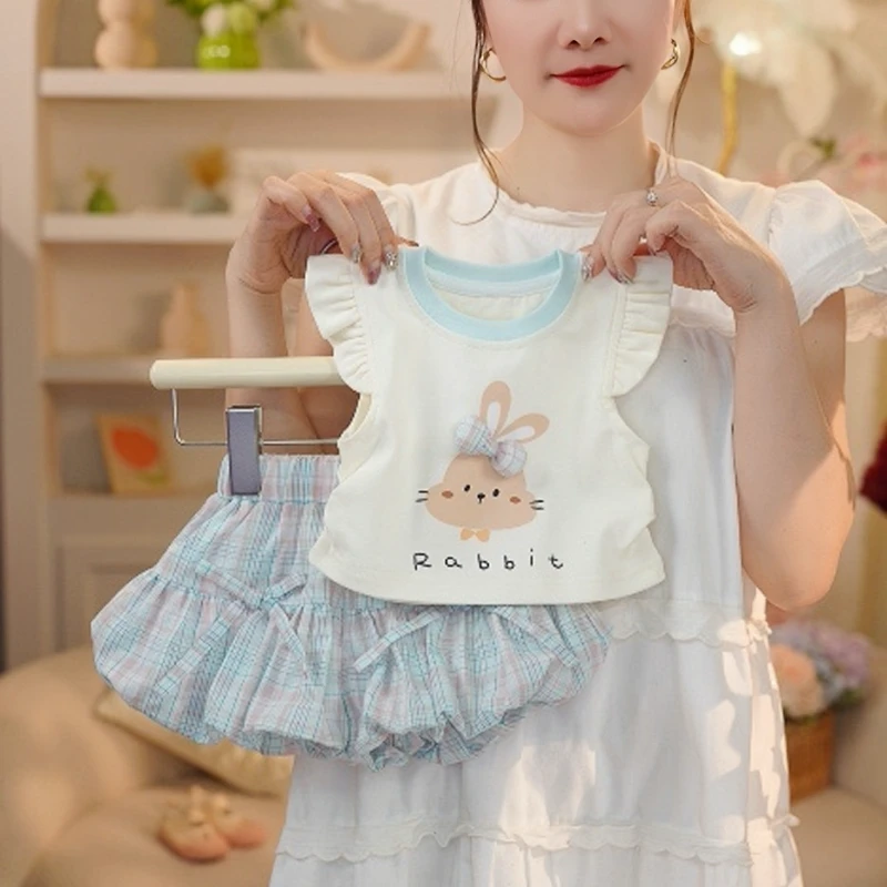 【现货】2025年夏季新款女小童可爱立体蝴蝶结小兔子飞袖裙套装037