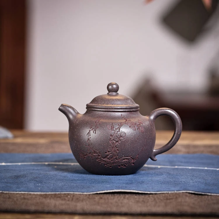 手工壶I掇球壶 梅花刻绘 傲骨 天青泥
