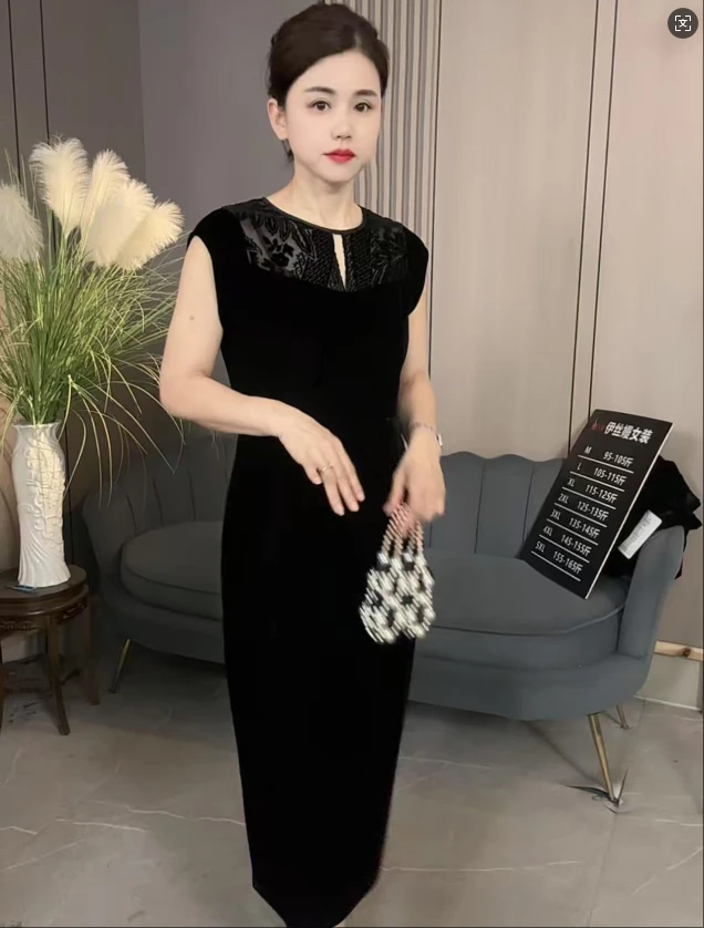 高级定制面膜丝绒拼接烧花时尚夏季连衣裙