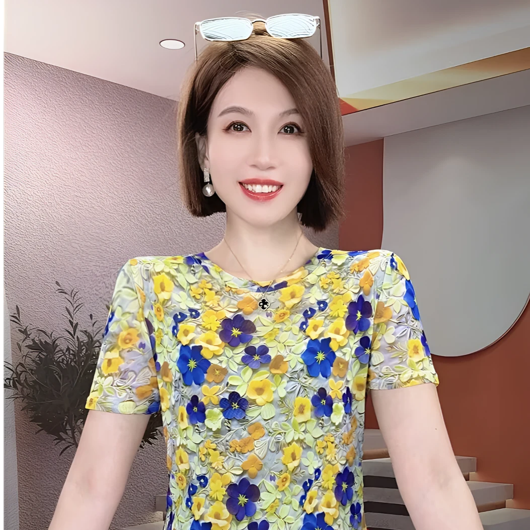 立体花网纱短袖T恤女夏季设计感时尚妈妈显年轻小衫独特漂亮上衣