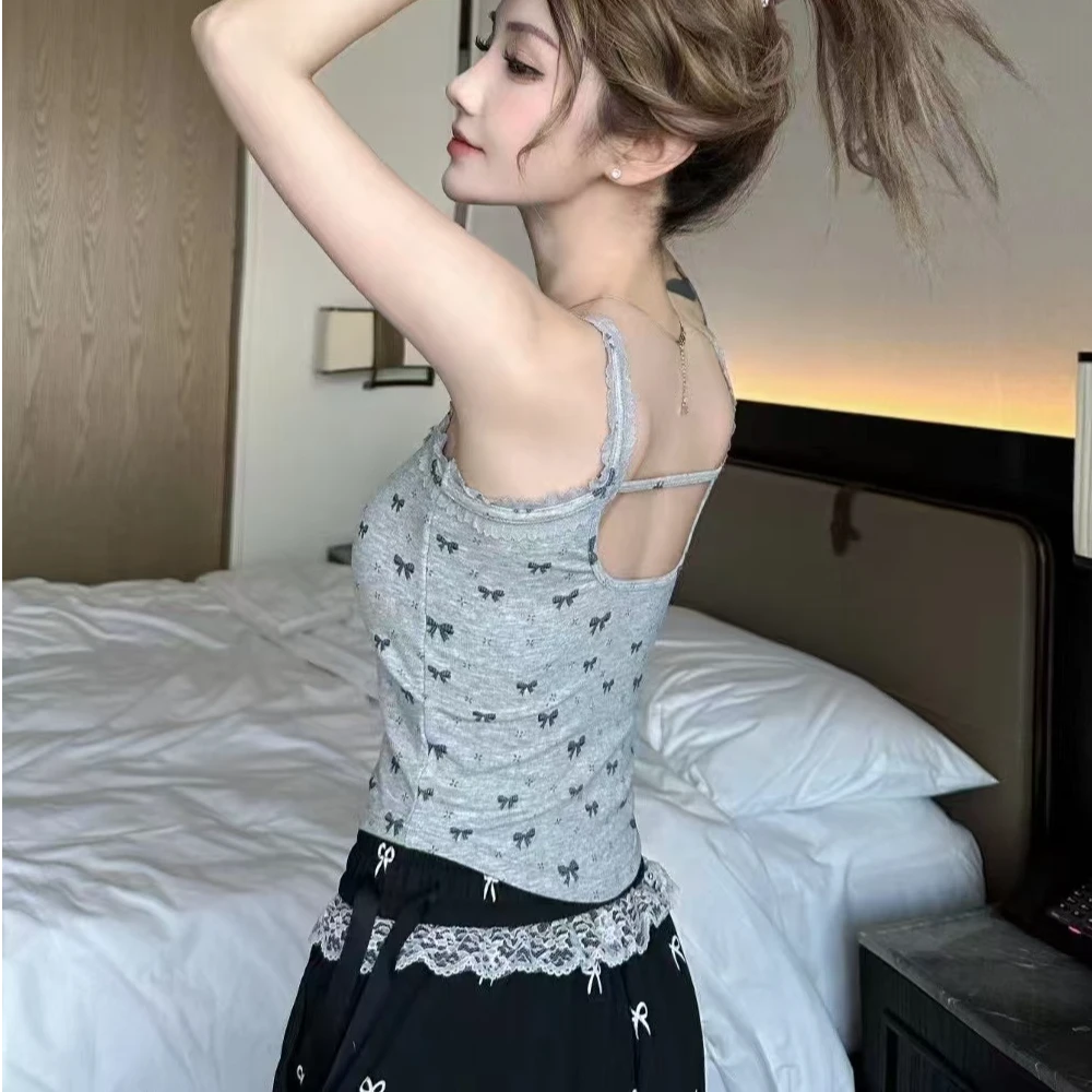 春夏季吊带上衣背心纯欲小碎花蕾丝女带胸垫镂空美背短款内搭外穿