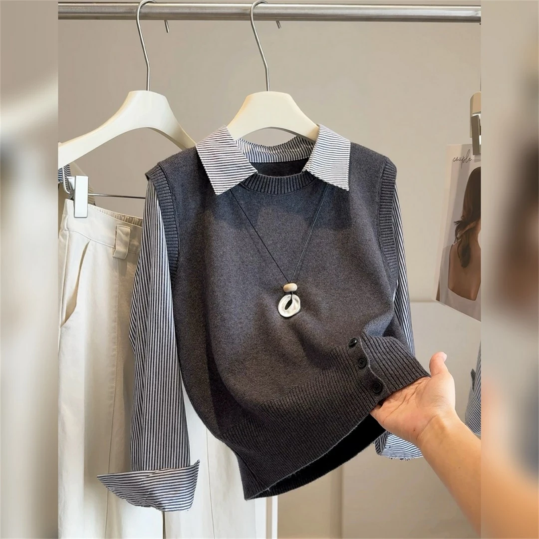 2025秋冬新款大码假两件衬衣领针织衫女设计感宽松毛衣打底衫0238