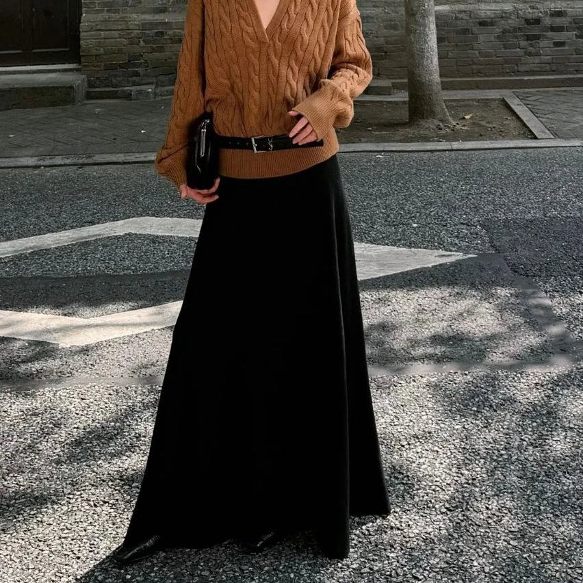 S-Quinn《秋写意》高腰显瘦纯色针织高腰伞裙