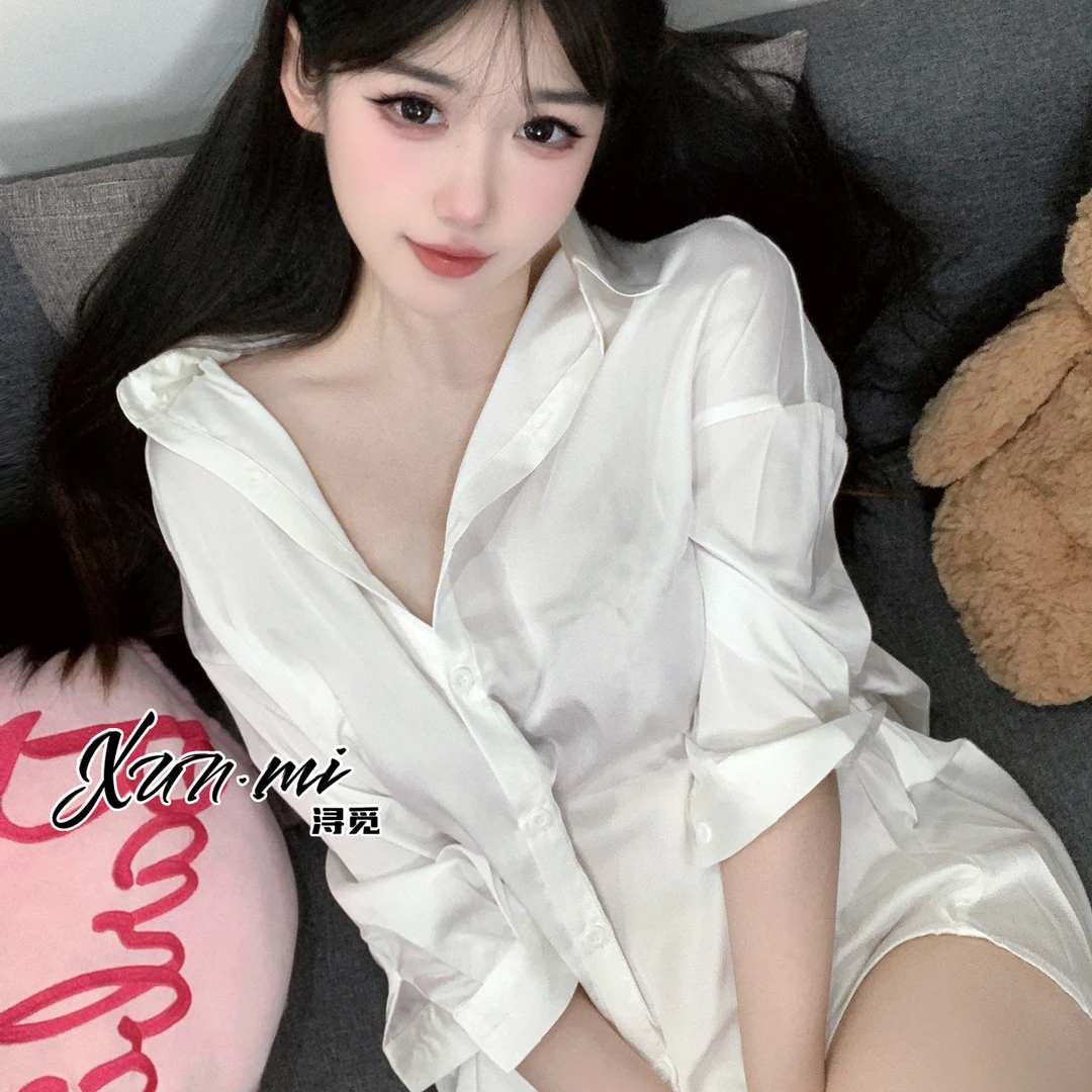 【橘子喵专属】Xunmi/浔觅 男友风爆款丝滑缎面性感白色衬衫家居服