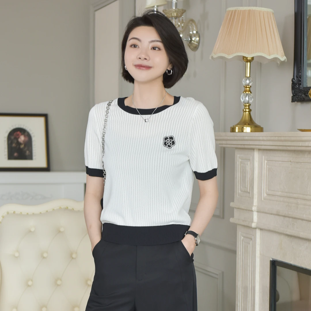 VEE【白山茶】25新品时尚百搭小香风撞色边短袖套头针织衫