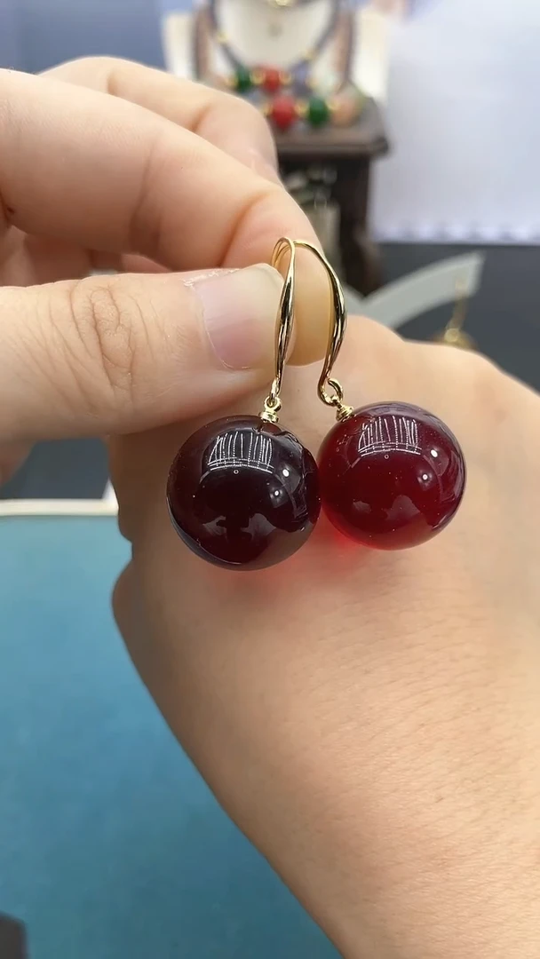 银S925镶嵌血珀耳饰20mm血泊耳钩