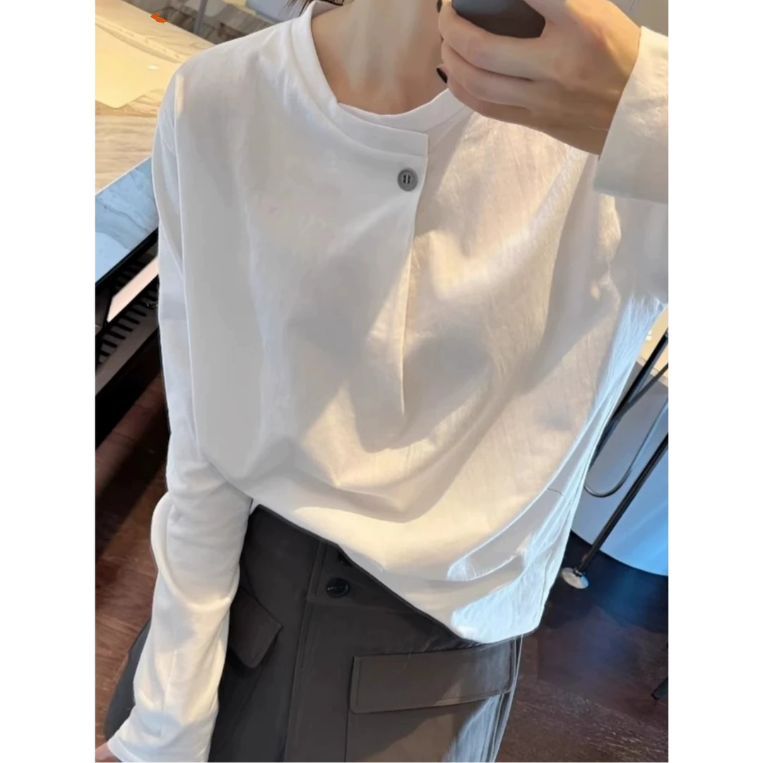 2025春季新款韩版一粒扣白色长袖T恤女宽松极简风休闲内搭上衣