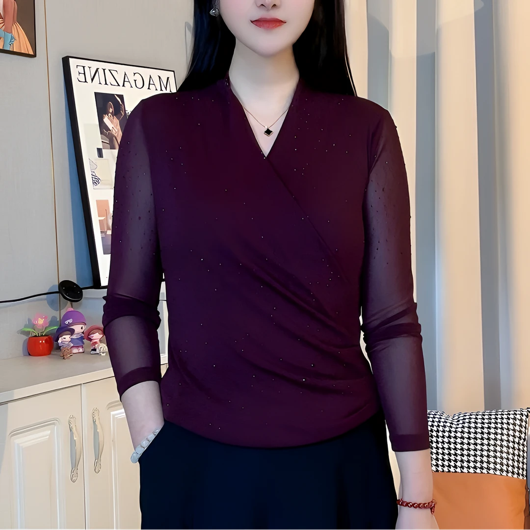 2025春季新款洋气V领长袖小衫女士显瘦百搭烫钻纯色网纱气质上衣