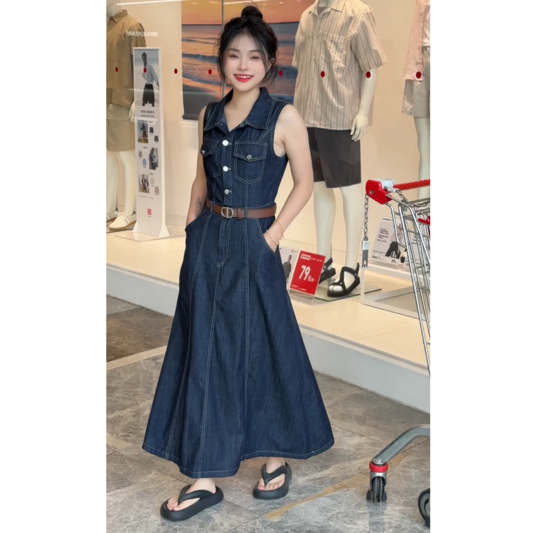 0667夏季新款法式设计感小众牛仔连衣裙女洋气减龄显瘦百搭中长裙