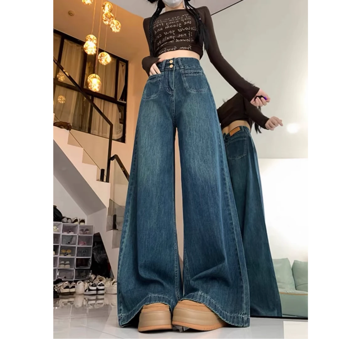 高腰阔腿牛仔裤女复古大码宽松显瘦垂感拖地直筒长裤ZZ0011#