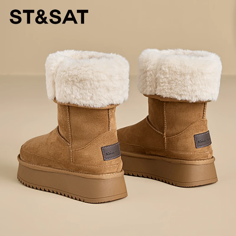 星期六加绒保暖毛绒翻边中筒靴厚底两穿棉靴女2025冬季爆款雪地靴
