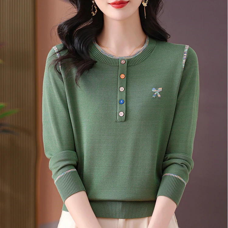 2025春季新款圆领拼色领口宽松显瘦时尚长袖洋气针织衫sh260