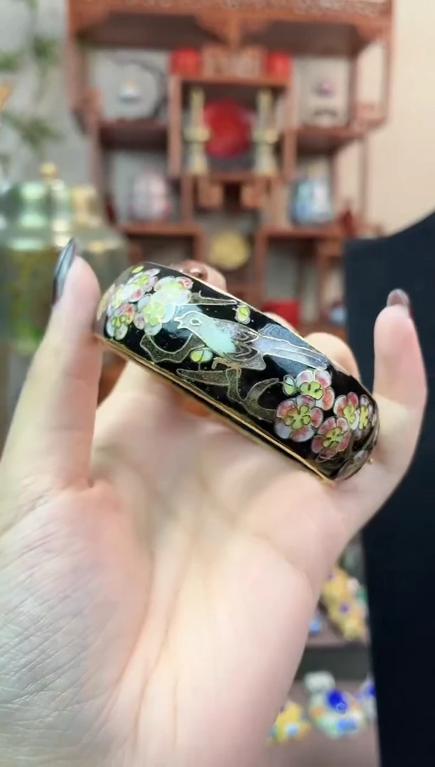 非遗手工景泰蓝开口银蓝镯子黑色