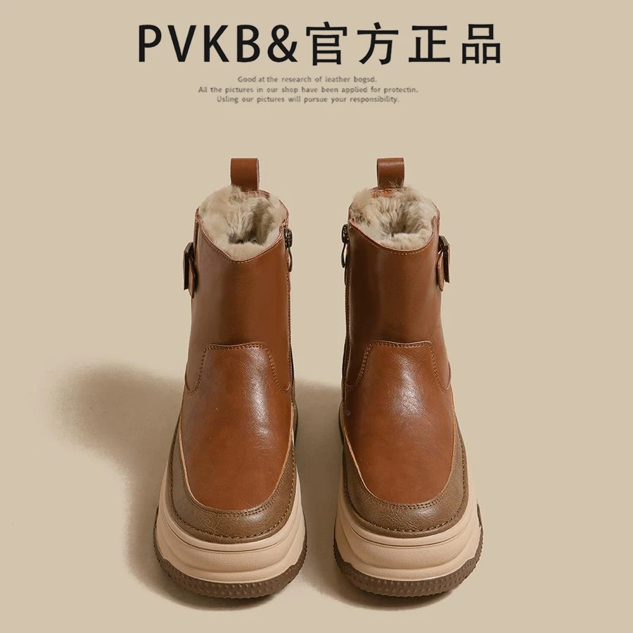 【PVKB&专柜女鞋】冬季加绒加厚短靴韩版保暖厚底增高防滑保暖鞋女