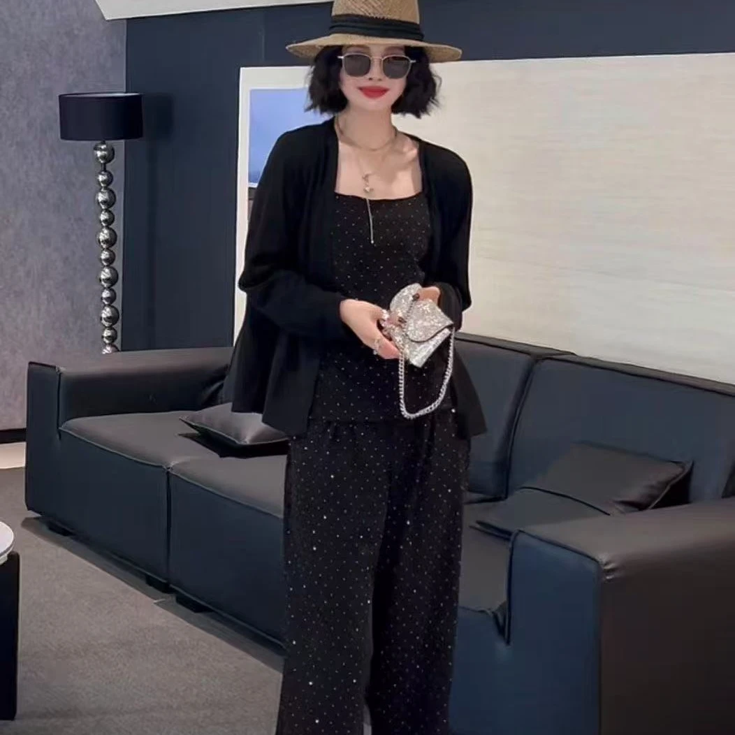 显瘦蕾丝边亮钻吊带长裤长袖外披套装胖mm2025早秋新款三件套