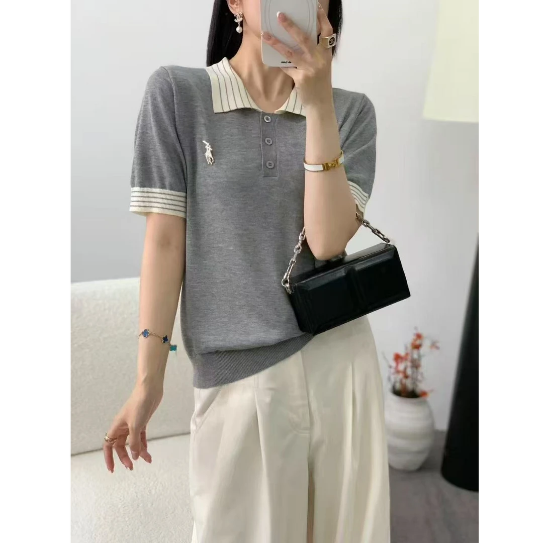 韩版时尚翻领拼接纯色百搭减龄针织衫短袖女1250