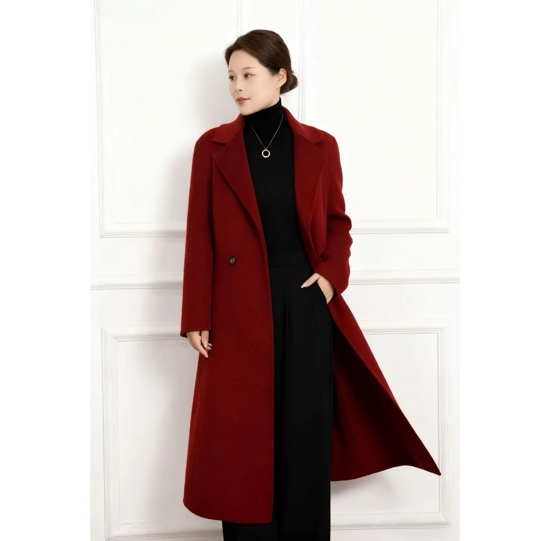 2025新款升级加厚长毛纯手工缝制时尚气质显瘦长款双面羊毛大衣