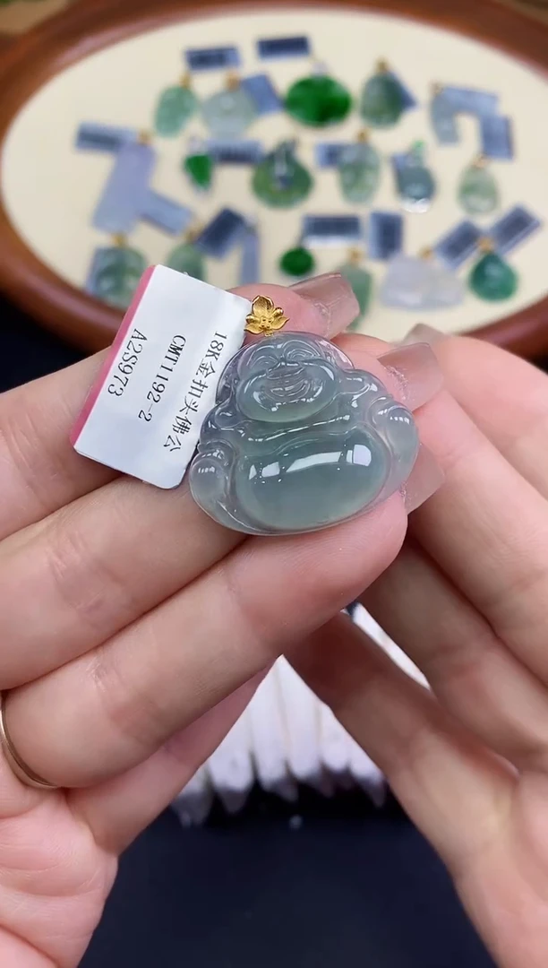 吊坠(不含链)18K金镶嵌翡翠佛公18K金扣镶嵌@@CMT1192-2