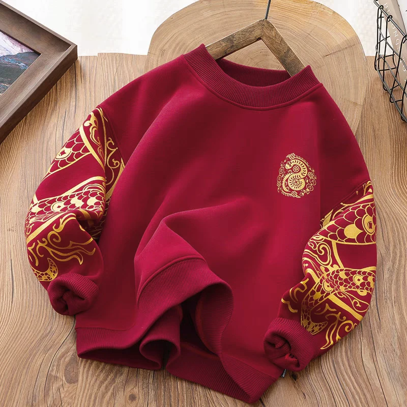 2025年蛇年新款儿童红色加绒卫衣冬款年服拜年服套头上衣