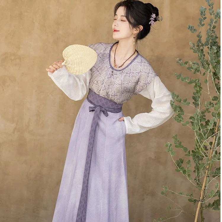 池夏【中国符号:丁香紫】唐褙子短衫交窬裙原创汉服 春夏