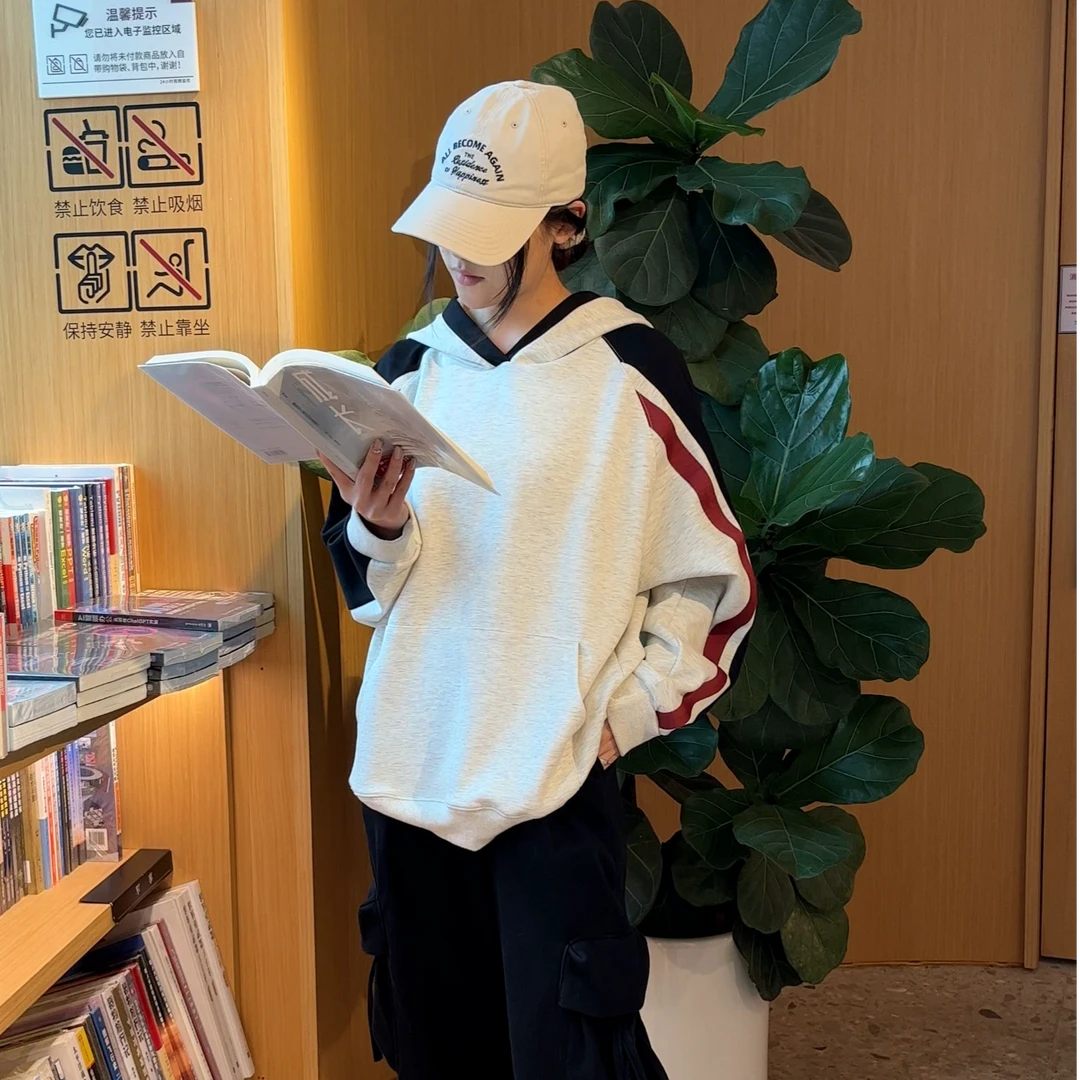 LINE STUDIO/欧美秋冬700克保暖重磅撞色拼接宽松插肩袖带帽卫衣