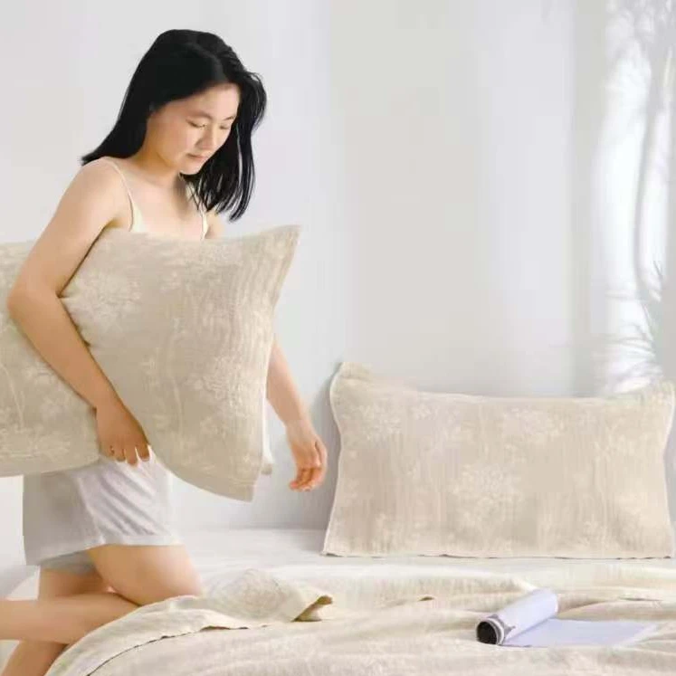 枕巾 咖色点点玫瑰 汉麻加厚枕巾一对装