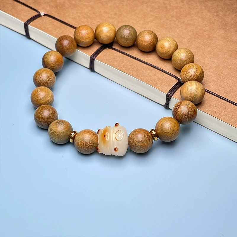 绿檀白玉菩提可爱招财猫手链文玩单圈手串-LQ34