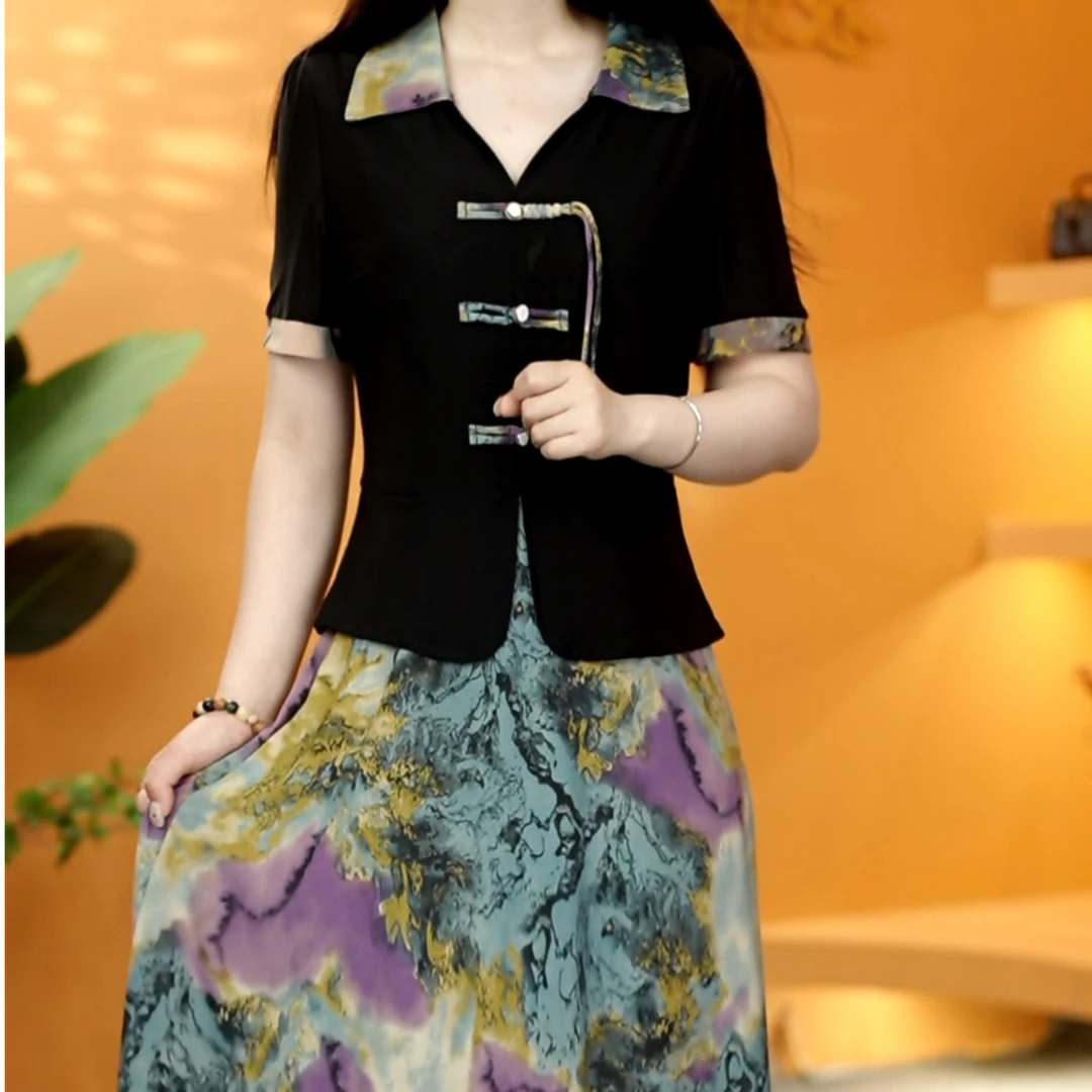 夏季时尚减龄弹力显瘦印花翻领气质优雅百搭短袖假两件连衣裙