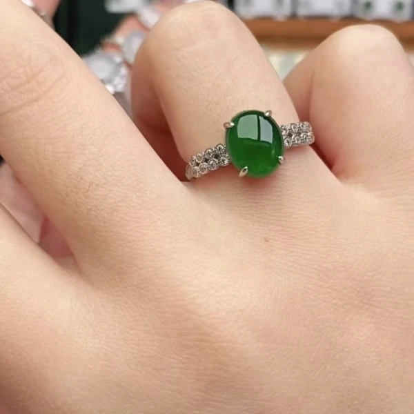 鑫辰珠宝天然A货翡翠银镶嵌设计款开口女戒指时尚百搭