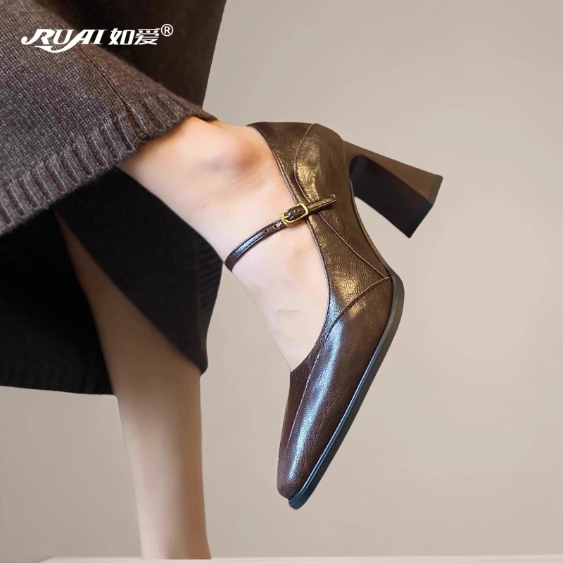 「如爱」爱意漫山~4/7cm跟高头层牛皮气质高跟玛丽珍鞋粗跟单鞋