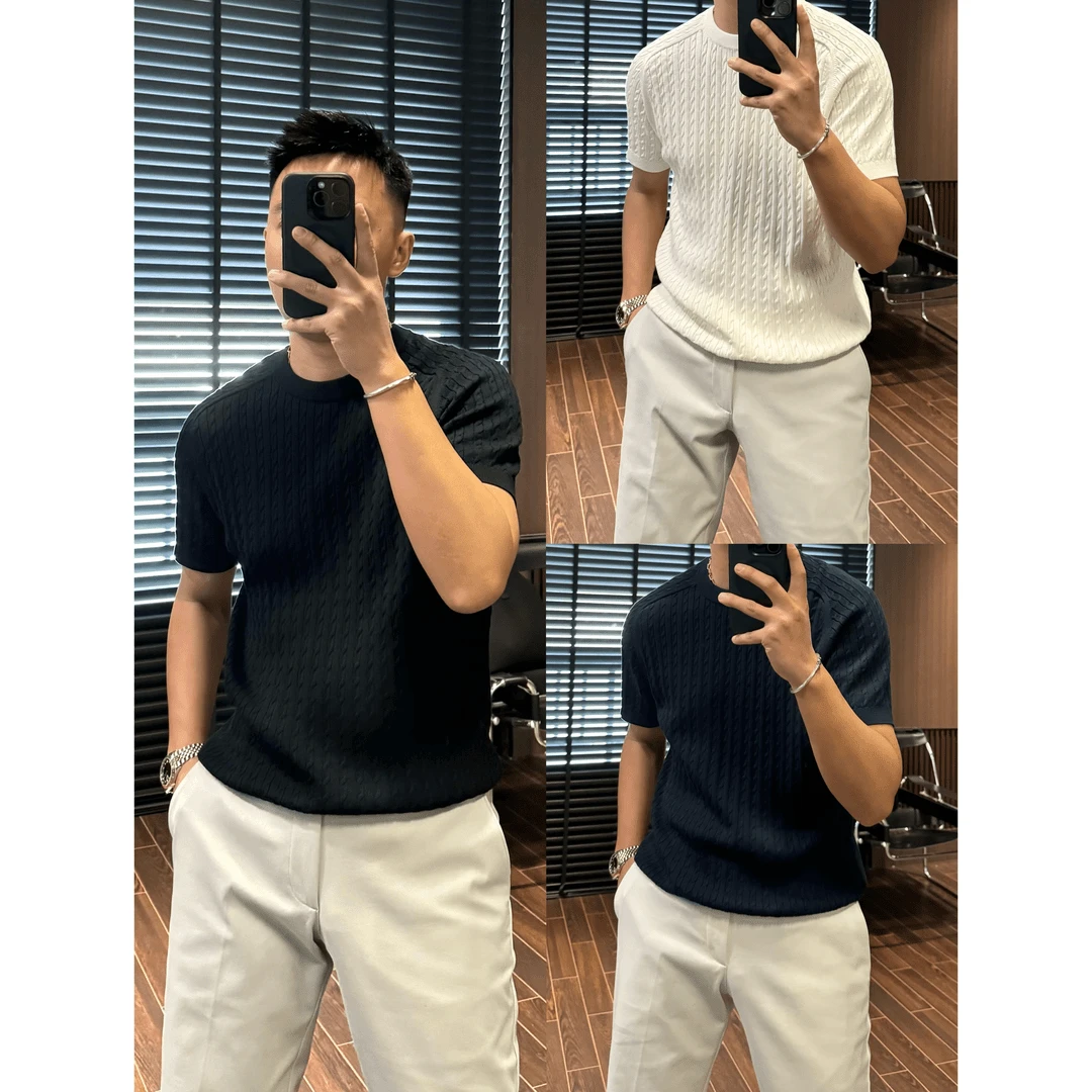 2025夏季时髦高级老钱风精细扭花肌理纹春夏圆领短袖针织衫男士