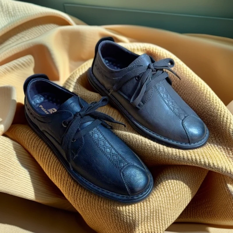 男士休闲系带休闲鞋平底鞋子黑色皮尔丹558皮鞋百搭