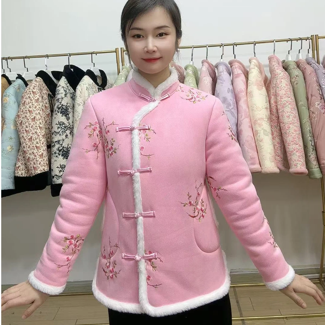 粉色小梅花加绒加厚棉袄网红时尚复古中式中国风民族风冬季绣花