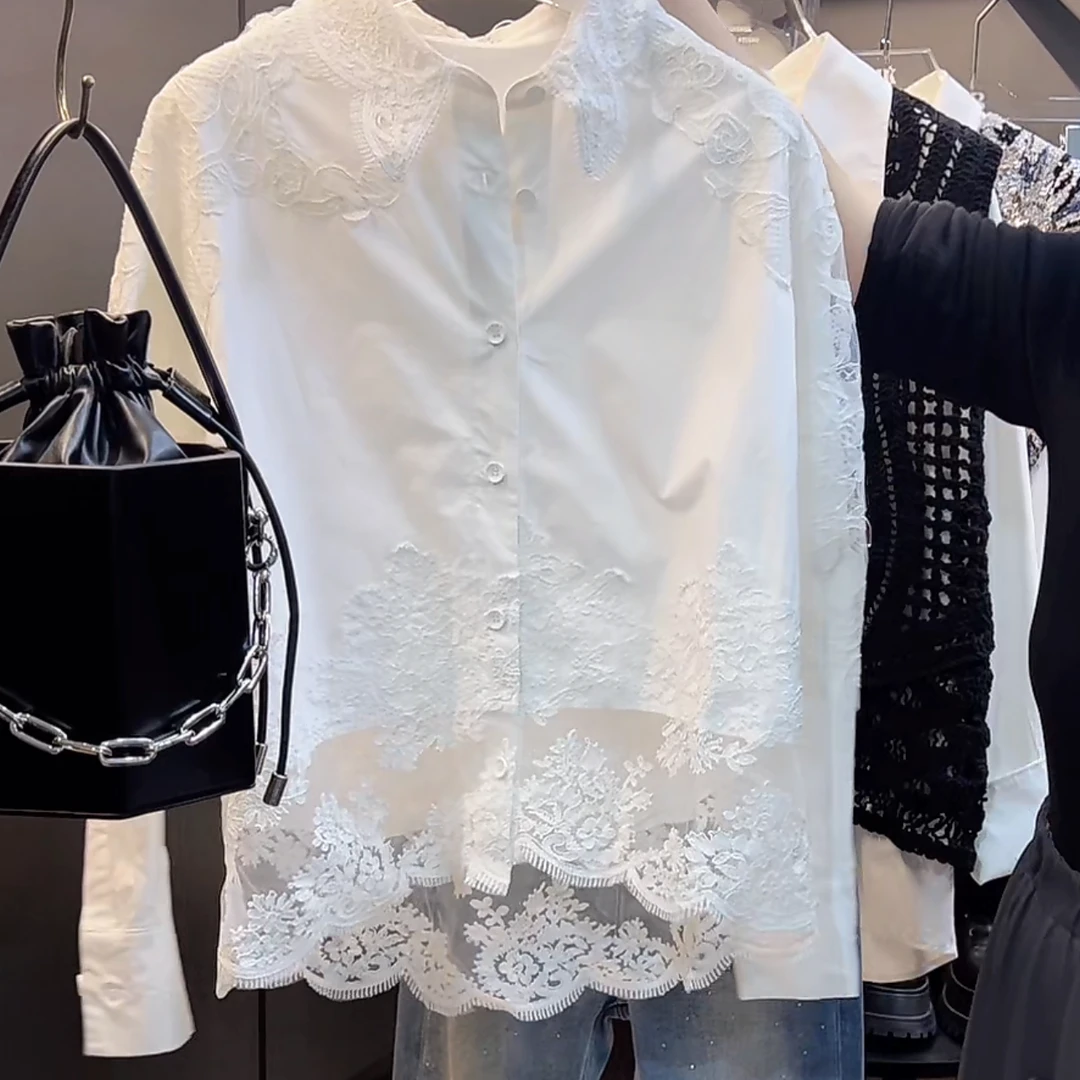 下摆拼接重工翻领衬衫2025新款早春时尚气质中长款白色衬衣