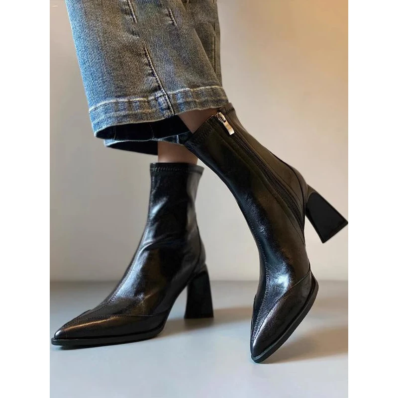 牛皮版~尖头软皮瘦瘦靴高跟显瘦短靴女侧拉链气质感靴子秋冬新款