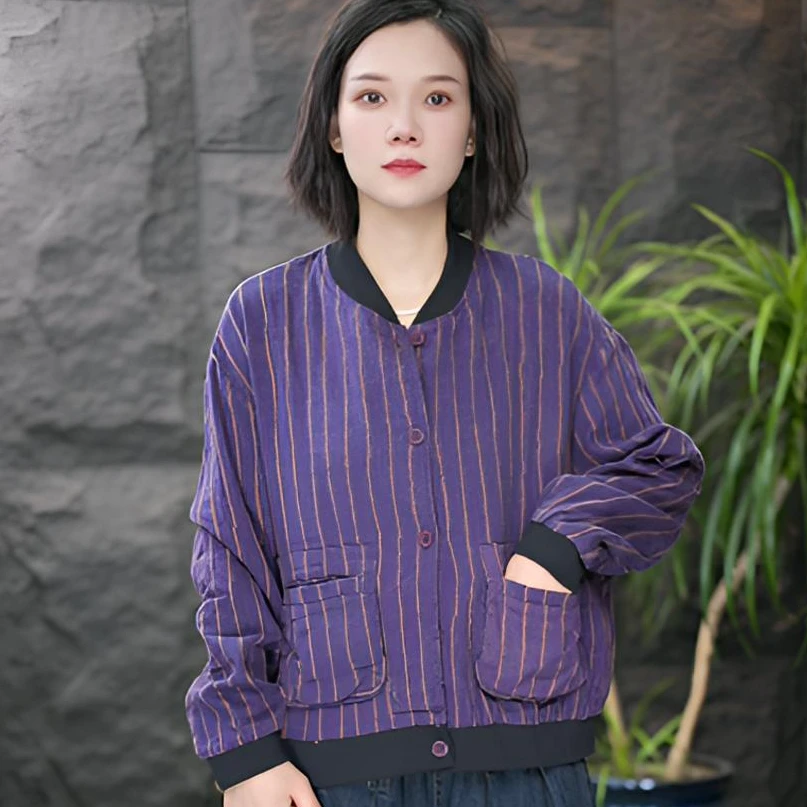 FF条纹常规常规款保暖提花秋季短外套宽松型宽松时尚